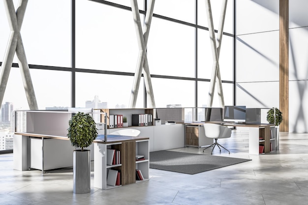 Lekkie drewniane i betonowe wnętrze pokoju biurowego coworking z meblami panoramiczne ramy okienne z rozmytym widokiem na miasto i wyposażeniem Renderowanie 3D
