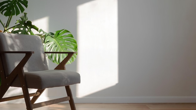 Lekkie, minimalistyczne skandynawskie wnętrze Domowa roślina monstera i szare krzesło na tle białej ściany Kopiuj przestrzeń