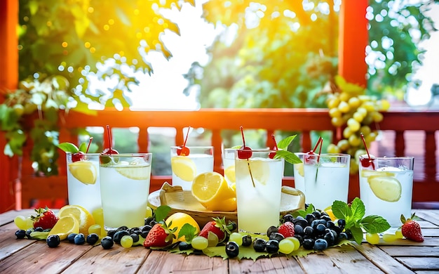 Lemonady na letnim, wiosennym stole na tarasie z organicznymi owocami na liściach bokeh w świetle dziennym