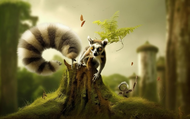 Lemur na pniu drzewa z pniem drzewa w tle