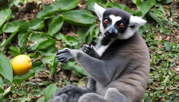 Zdjęcie lemur siedzi na ziemi i ma otwarte oczy.