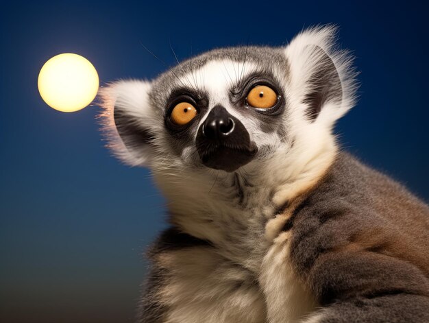 Zdjęcie lemur z ogromnymi oczami spoglądającymi na wschód księżyca