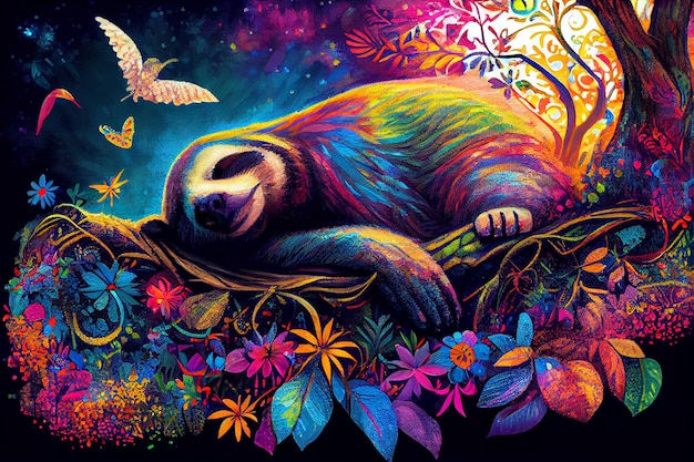Lenistwo śpiące w lesie z kolorowymi ptakami i motylem