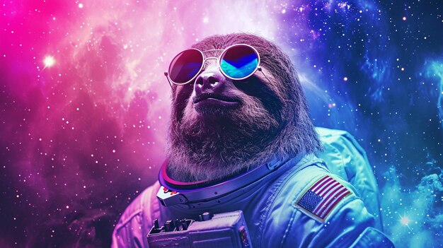 leniwiec ubrany w kostium astronauta z okularami przeciwsłonecznymi Magical Galaxy Star tło Generative Ai