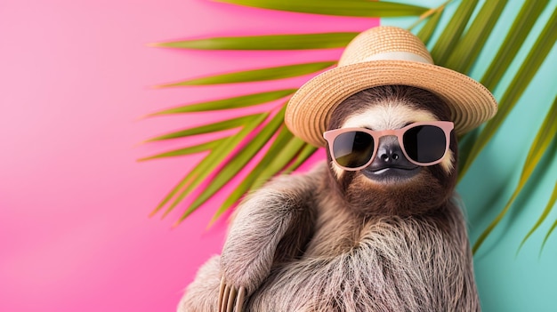 leniwiec z okularami przeciwsłonecznymi i kapeluszem pod liściem palmy na pastelowym letnim tle Generative Ai