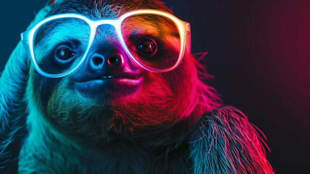 leniwiej w modnych okularach Studio neon światło Luksusowe domowe leniwiec w okularach Generatywny Ai