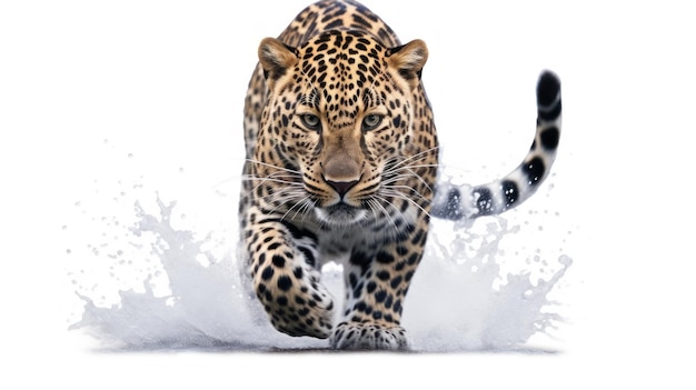 Leopard biegający w śniegu z śniegiem na nim