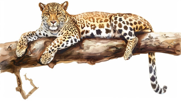 Leopard siedzący na gałęzi na białym tle Realistyczna ilustracja akwarelowa Szablon Clip art