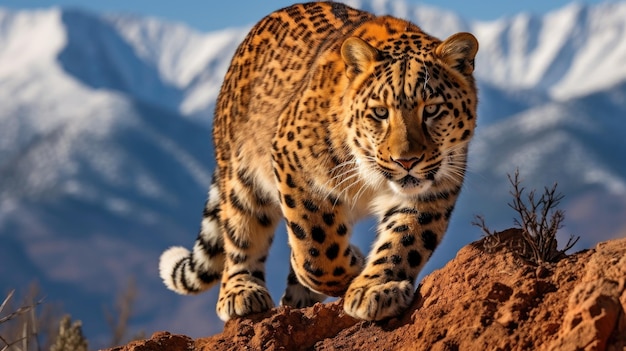 Leopard wdzięcznie schodzi z skalnej krawędzi w górach Atlas w Maroku