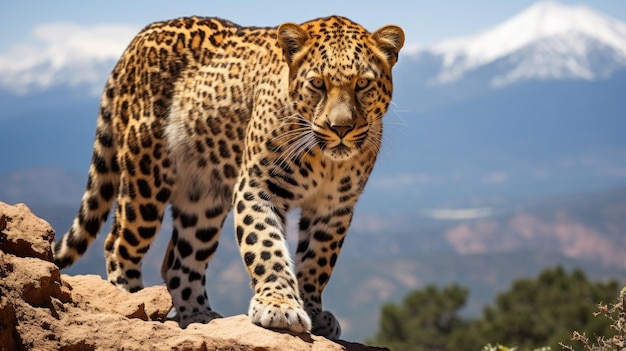 Leopard z wdziękiem schodzi z skalistej krawędzi w górach Atlas w Maroku
