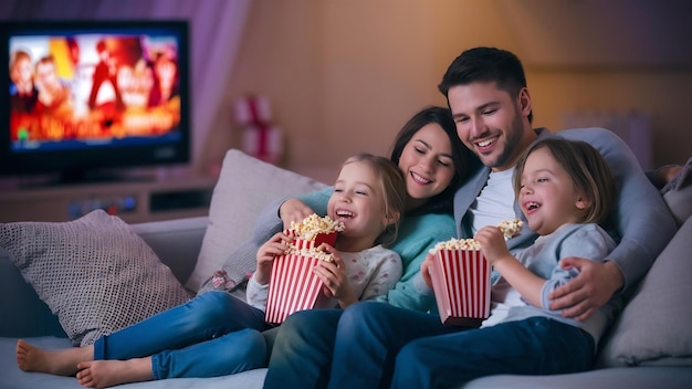 Lepiej niż zdjęcie z kina z szczęśliwą młodą rodziną relaksującą się na kanapie i oglądającą telewizję.