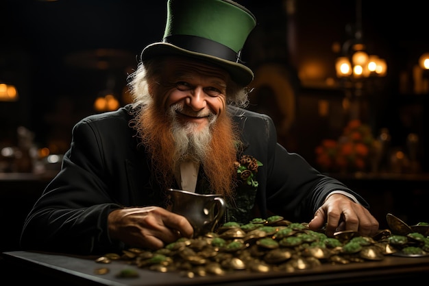 Zdjęcie leprechaun noszący zielony czapkę na głowie obok kupy złota wygenerowanego przez ai