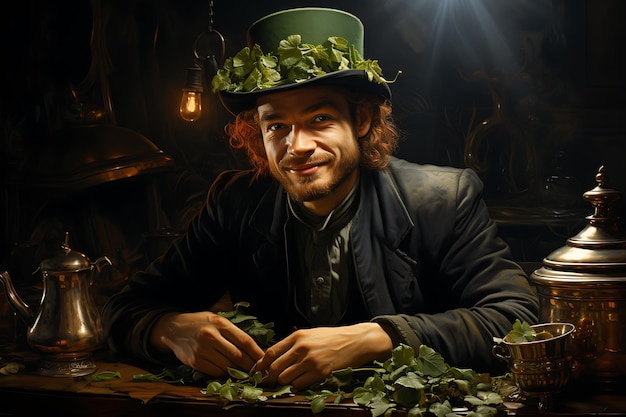 Leprechaun noszący zielony czapkę na głowie obok kupy złota wygenerowanego przez AI