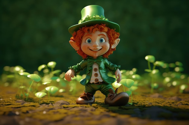 Leprechaun siedzi na złotych monetach w pobliżu tęczy