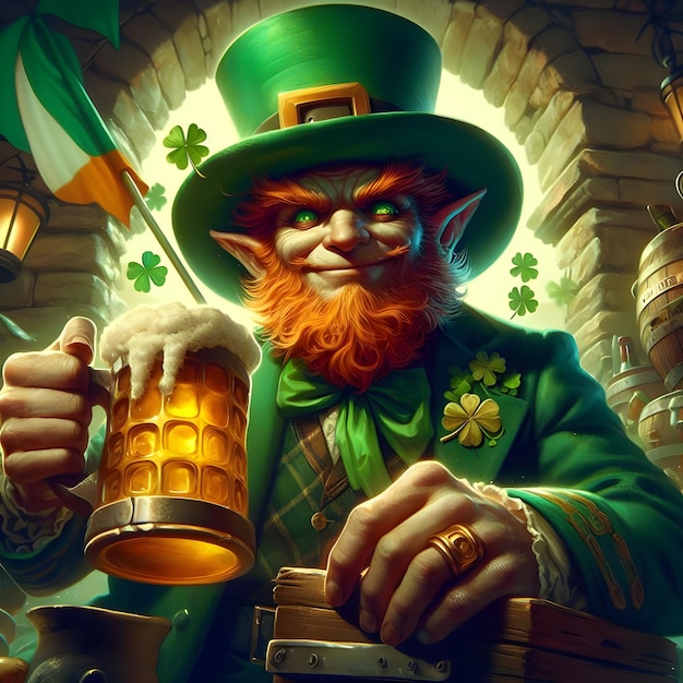 Leprechaun trzymający kubek z piwem