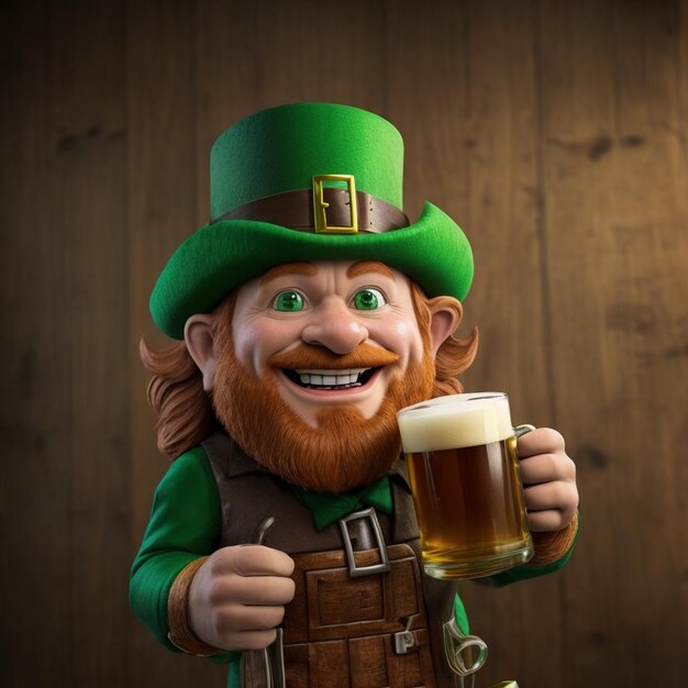 Zdjęcie leprechaun w zielonym kapeluszu z kubkiem piwa 3d kreskówka