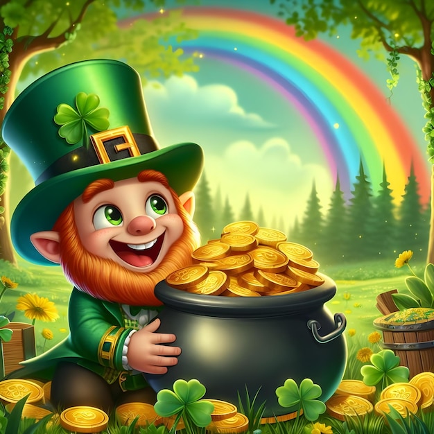 Leprechaun z garnkiem pełnym złotych monet w pięknym lesie wiosennym