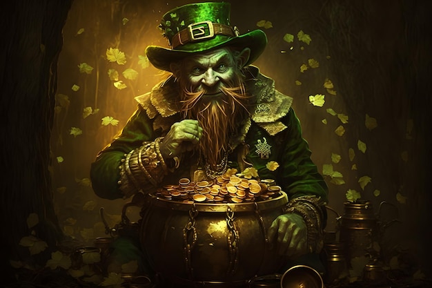 Leprechaun z garnkiem złota w dłoni