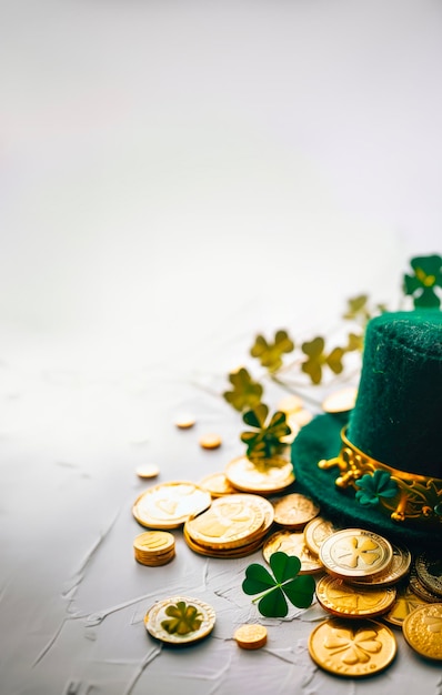 Zdjęcie leprechauns kapelusz złoty shamrocks i monety odizolowane na białym tle