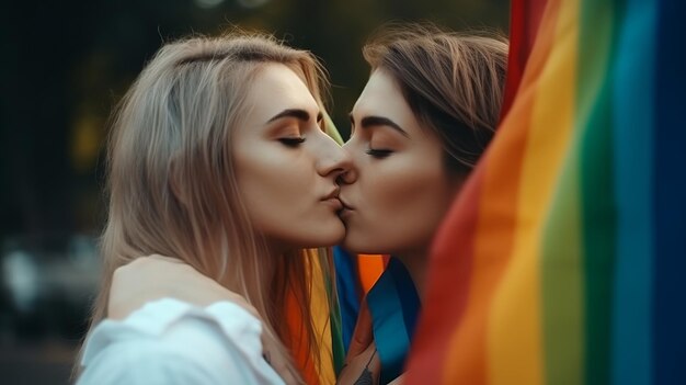 Lesbijka Cople całuje tło flagi LGBT Generatywne Ai