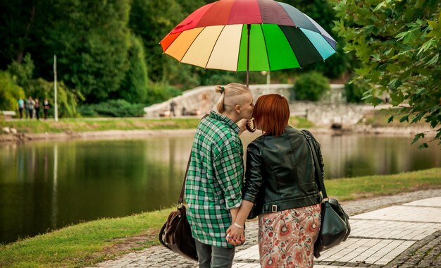 Lesbijska para trzymająca się za ręce chodzi w jesiennym parku w deszczu z tęczową parasolką