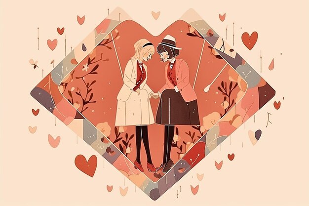 Lesbijska para w anime abstrakcyjna ilustracja serca walentynka romantyczne tło