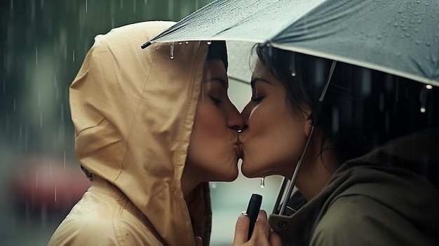 Lesbijskie pocałunki między dwiema dziewczynami w ulewie Generacyjna sztuczna inteligencja