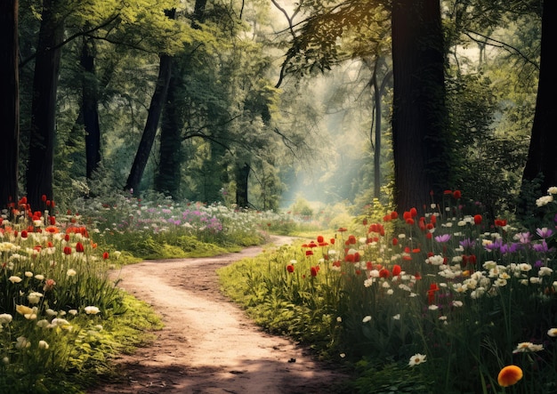 Leśna droga otoczona wiosną dzikimi kwiatami