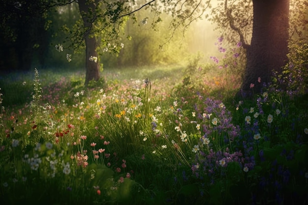 Leśna polana pokryta pięknymi dzikimi kwiatami na łące kwiatowej wiosną stworzona z generati