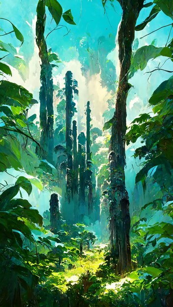 Leśna scena drzew w stylu Majów 3D ilustracja