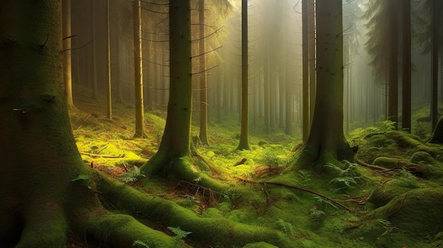 Leśna scena z drzewami i słowem las na dole.