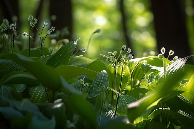 Leśna scena z zieloną rośliną na pierwszym planie i światłem prześwitującym przez liście.