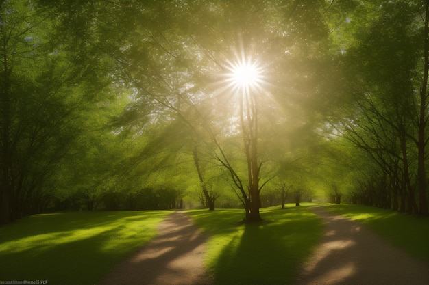 Leśna scena ze słońcem świecącym przez drzewa
