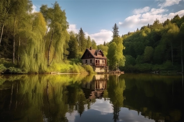 Leśny dom nad jeziorem słoneczny dzień Generuj Ai