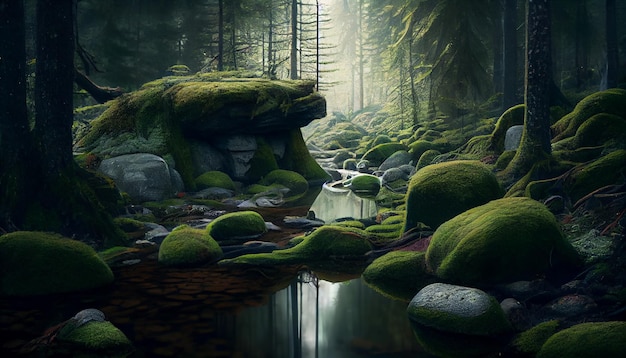 Leśny krajobraz zielonych drzew i płynącej wody generującej sztuczną inteligencję