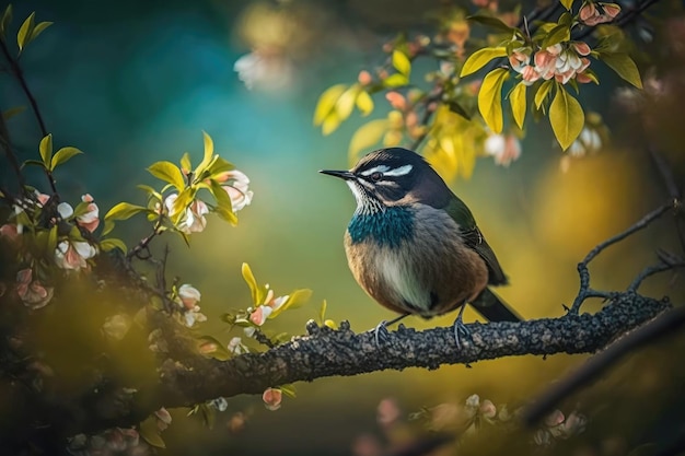 Leśny ptak siedzi na drzewie w wiosenny dzień