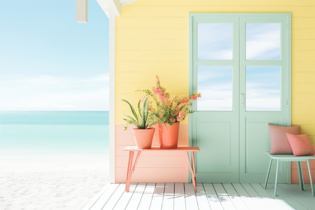 Zdjęcie letni dom prosty akcesorię życia na letni dzień w tropikalnych kolorach akwarel na hawajach