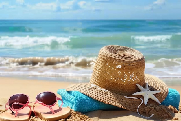 Letni kapelusz ze słomy z ręcznikami, okulary przeciwsłoneczne i pantofle na piaszczystej plaży