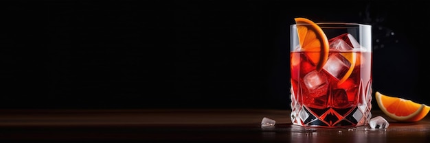 Zdjęcie letni koktajl ze skórką pomarańczową alkoholowy koktajl negroni napój bezalkoholowy z lodem międzynarodowy dzień barmanów ciemne tło poziomy baner internetowy miejsce na tekst