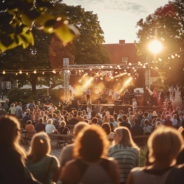 Zdjęcie letni koncert na świeżym powietrzu tłum siedzący przed sceną żywe wydarzenie muzyczne