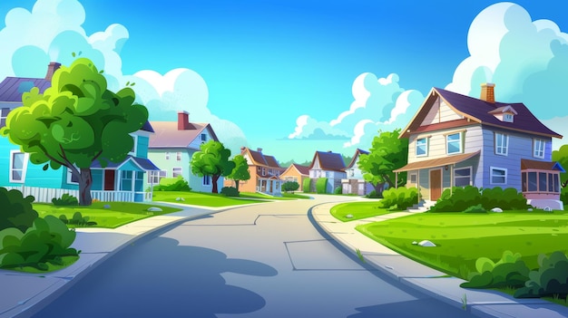 Letni krajobraz podmiejski z domami w rzędzie wzdłuż ulicy i zieloną trawą na podwórkach, drogach i przejściach, ilustracja otoczenia miejskiego z domkami sąsiedzkimi i niebieskim niebem