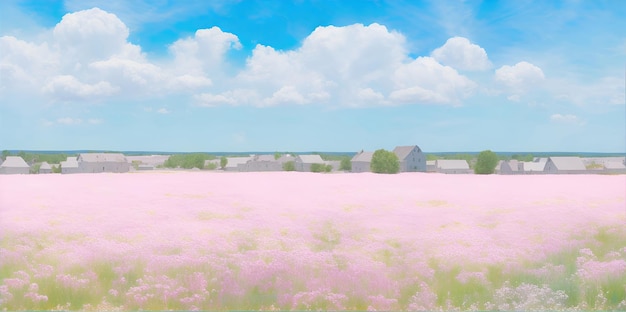 Letni krajobraz różowego pola i domów w pochmurny dzień