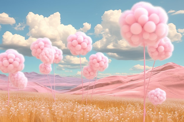 Letni krajobraz z chmurami cukrowych bawełny