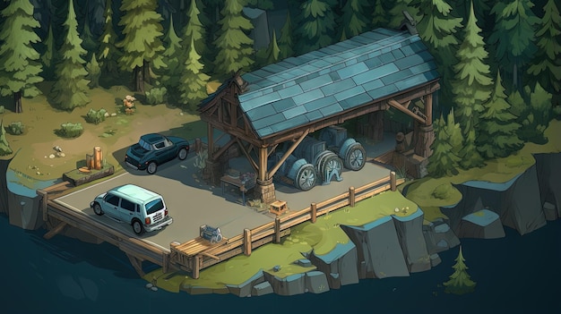 Letni krajobraz z kempingiem i sceną podróży Samochód w lesie z drewnianymi budynkami