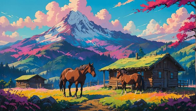 Zdjęcie letni krajobraz z koniem w górach