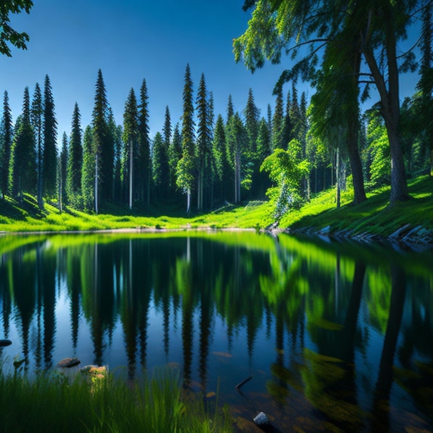 Letni krajobraz z małym jeziorem w lesie