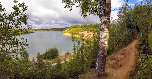 Letni krajobraz z tęczą w oddali nad lasem i wodą