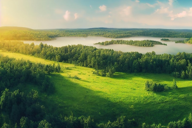 Letni las z jeziorem, krzewy i zielone pola pod błękitnym niebem z puszystymi chmurami