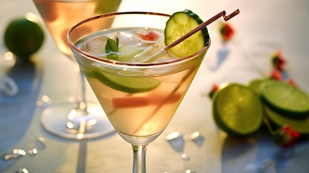 letni napój martini z ogórka limonkowego z truskawkami na letnie tło z miejsca na kopię