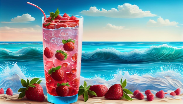 Letni napój truskawkowy na tle morza Generuj Ai
